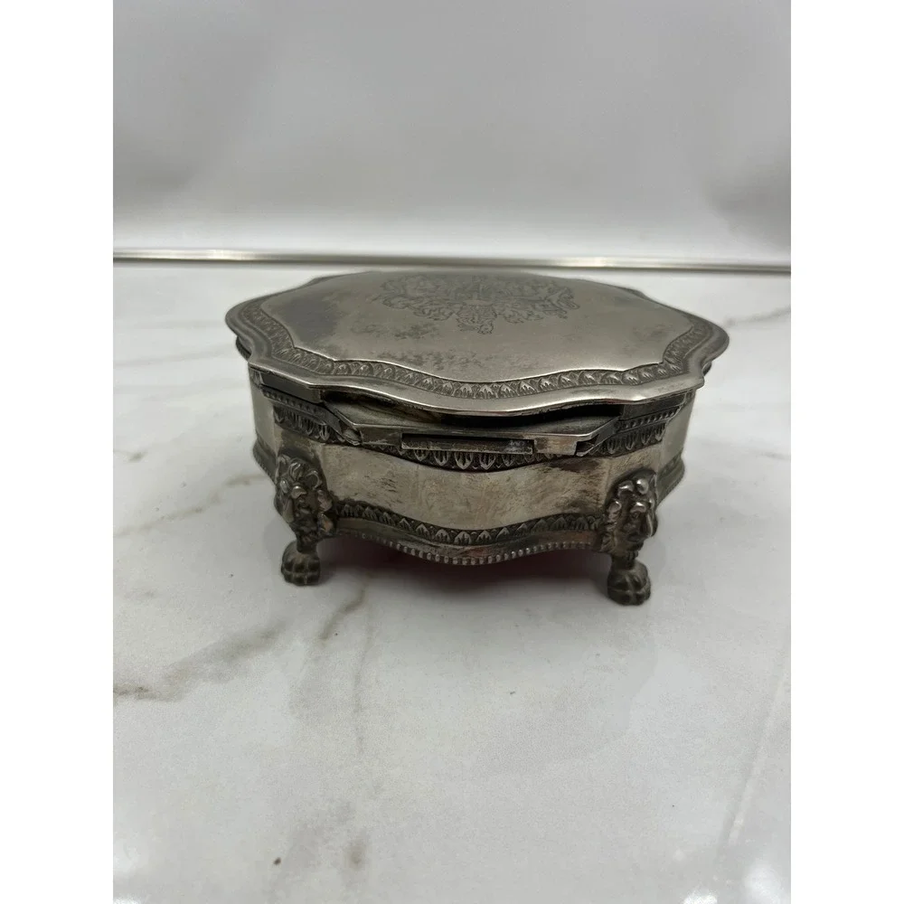 Vintage British Royal Coat of Arms Silver Footed Jewelry Box Red Velvet Lining